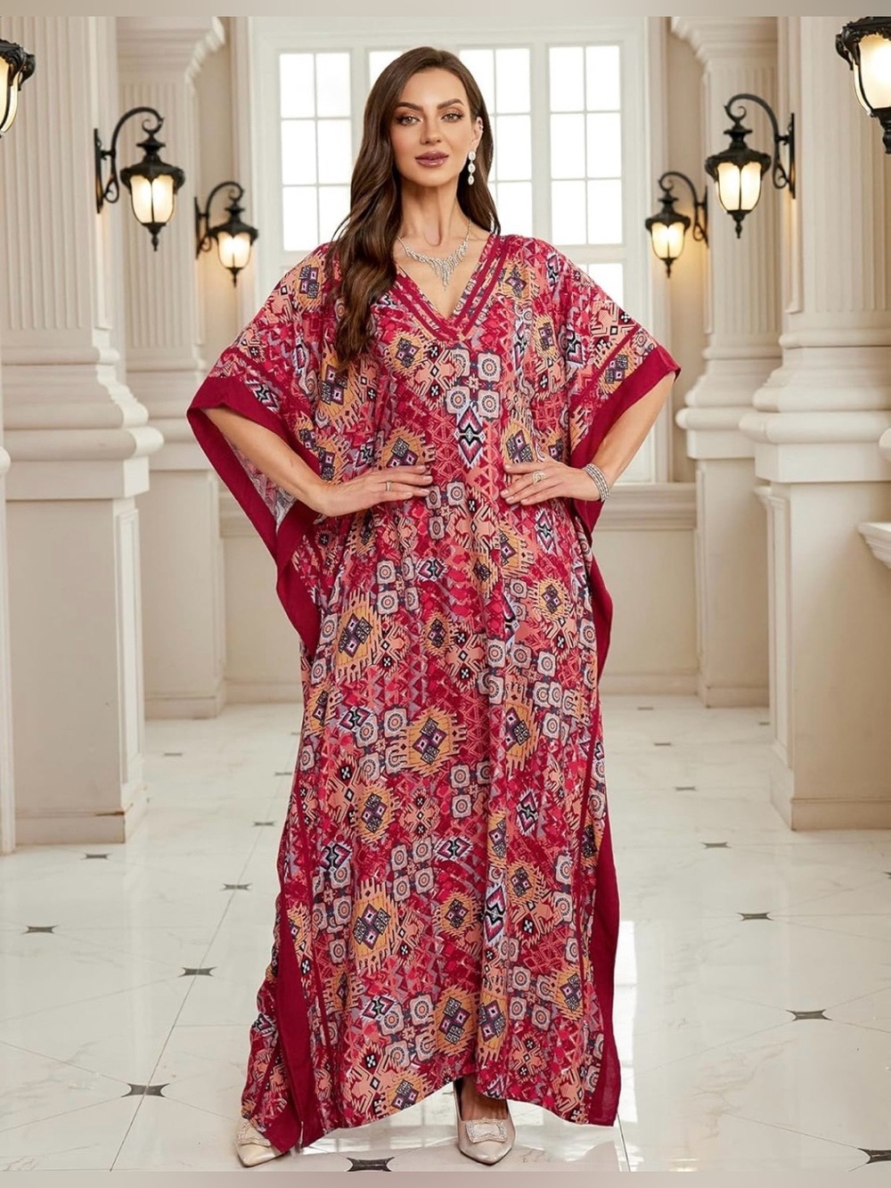 Beautiful red ethnic print kaftan muumuu dress ONE SIZE open relaxed size